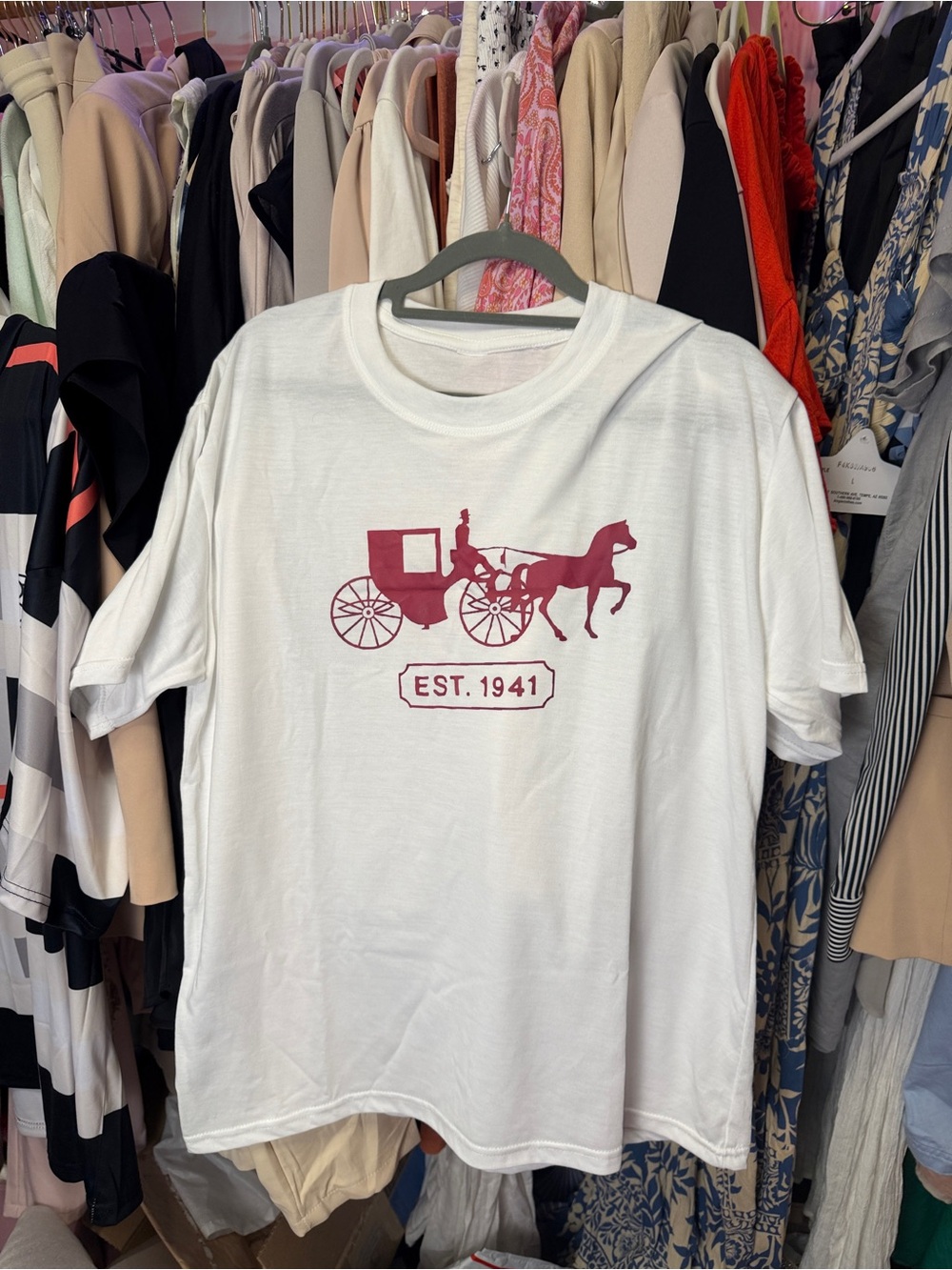 Coach White Tee with Burgundy Carriage Graphic PTP 21”